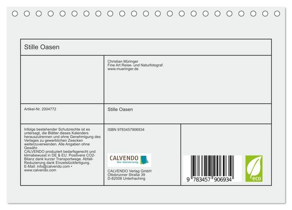 Produktbild: Stille Oasen (Tischkalender 2026 DIN A5 quer), CALVENDO Monatskalender