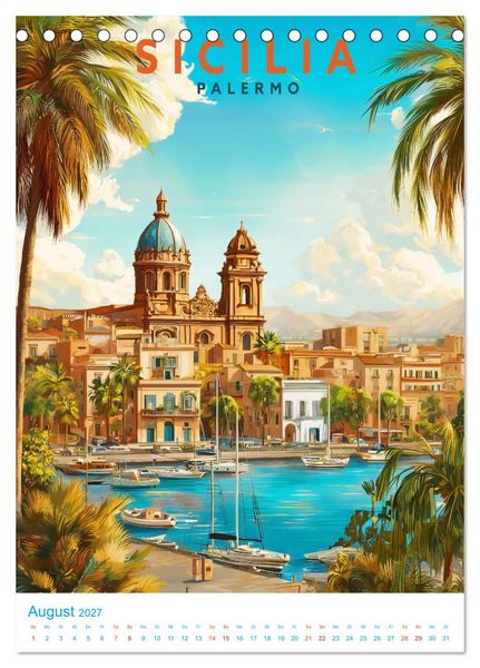 Produktbild: Sizilien - Old School Poster Style (Tischkalender 2027 DIN A5 hoch), CALVENDO Monatskalender