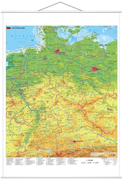 Deutschland physisch 1 : 750 000. Wandkarte mit Metallbeleistung