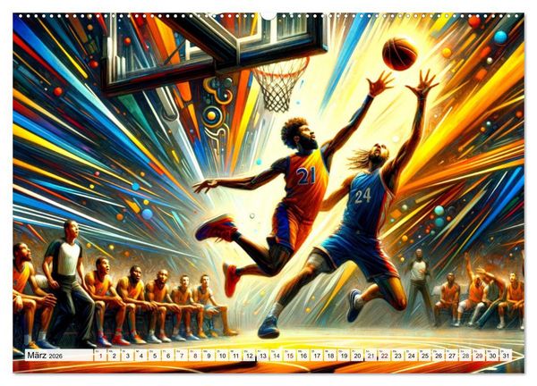 Produktbild: Basketball Expressionismus - Kunstvolle KI Interpretationen des Courts (Wandkalender 2026 DIN A2 quer), CALVENDO Monatskalender