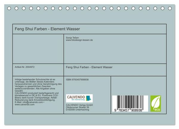 Produktbild: Feng Shui Farben - Element Wasser (Tischkalender 2026 DIN A5 quer), CALVENDO Monatskalender