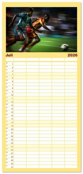 Produktbild: Familienplaner 2026 - Fu&szlig;ball - Dynamik am Ball mit 5 Spalten (Wandkalender, 21 x 45 cm) CALVENDO