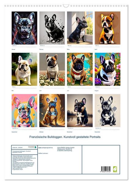 Produktbild: Franz&ouml;sische Bulldoggen. Kunstvoll gestaltete Portraits (Wandkalender 2026 DIN A2 hoch), CALVENDO Monatskalender