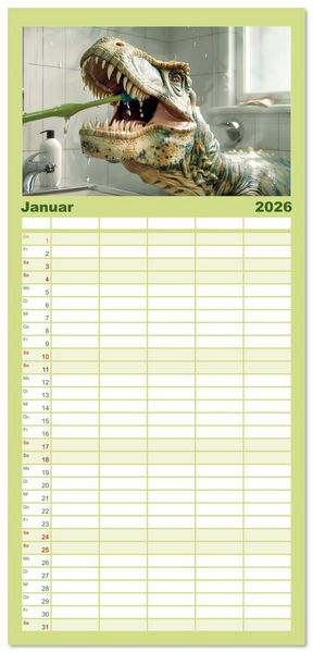 Produktbild: Familienplaner 2026 - Wie w&auml;re es mit einem Dinosaurier als Haustier? mit 5 Spalten (Wandkalender, 21 x 45 cm) CALVENDO