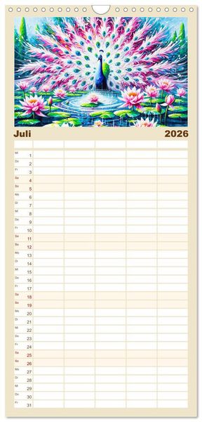 Produktbild: Familienplaner 2026 - Tanz der Pfauen - Jahreszeiten in abstrakter Eleganz mit 5 Spalten (Wandkalender, 21 x 45 cm) CALVENDO