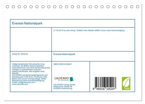 Produktbild: Everest-Nationalpark (Tischkalender 2026 DIN A5 quer), CALVENDO Monatskalender