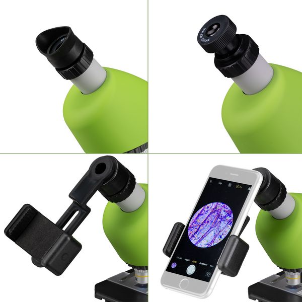 Produktbild: Bresser Junior 13122 - Kinder-Mikroskop (gr&uuml;n) mit 40-640x Vergr&ouml;&szlig;erung mit LED, Zoom-Okular, Smartphonehalter und Urzeitkrebse-Set