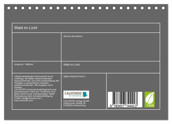 Produktbild: Wald im Licht (Tischkalender 2026 DIN A5 quer), CALVENDO Monatskalender