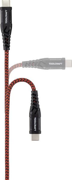 Produktbild: TOOLCRAFT USB-Kabel USB 2.0 USB-A Stecker, USB-C&reg; Stecker 2.00m Schwarz/Rot Extrem robuste Geflechtschirmung, beidseitig