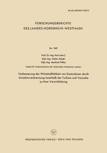 Produktbild: Verbesserung der Wirtschaftlichkeit von Gasturbinen durch Zwischenverbrennung innerhalb der Turbine und Versuche zu ihrer Verwirklichung