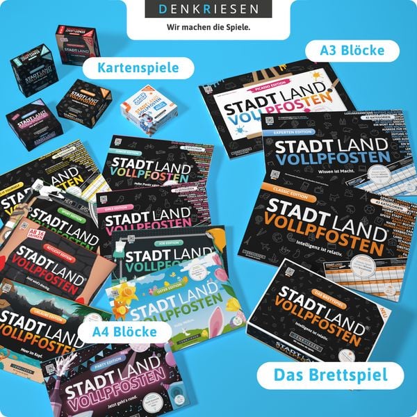 Produktbild: DENKRIESEN - STADT LAND VOLLPFOSTEN&reg; &ndash; Das Kartenspiel &ndash; PARTY EDITION "Jetzt geht's rund."