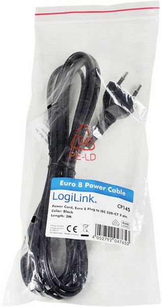 Produktbild: LogiLink Strom Anschlusskabel [1x Euro-Stecker - 1x Kleinger&auml;te-Buchse C7] 3.00 m Schwarz