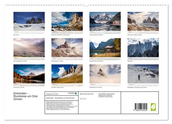 Produktbild: Dolomiten - Rundreise um Drei Zinnen (hochwertiger Premium Wandkalender 2026 DIN A2 quer), Kunstdruck in Hochglanz