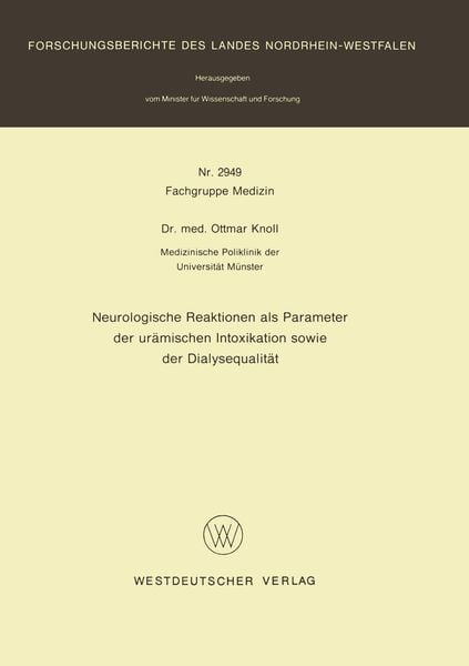 Produktbild: Neurologische Reaktionen als Parameter der ur&auml;mischen Intoxikation sowie der Dialysequalit&auml;t