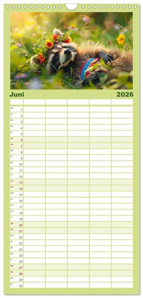 Produktbild: Familienplaner 2026 - Niedlicher Waschb&auml;ren-Style. Modisch, elegant und blumig mit 5 Spalten (Wandkalender, 21 x 45 cm) CALVENDO