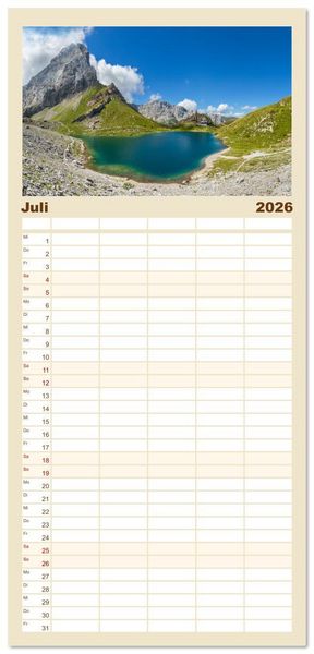Produktbild: Familienplaner 2026 - Bezaubernde Bergseen mit 5 Spalten (Wandkalender, 21 x 45 cm) CALVENDO