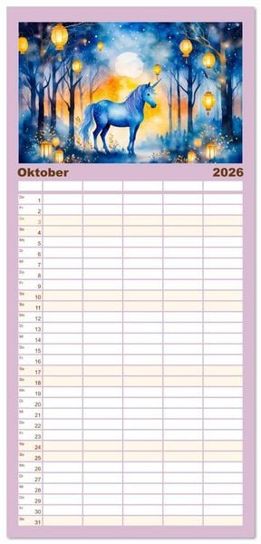 Produktbild: Familienplaner 2026 - Magische Einh&ouml;rner - Traumlandschaften unterm Regenbogen mit 5 Spalten (Wandkalender, 21 x 45 cm) CALVENDO