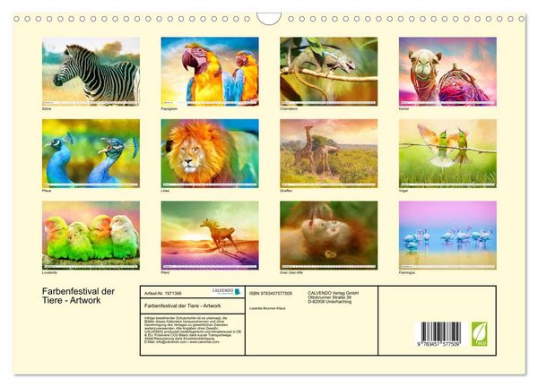 Produktbild: Farbenfestival der Tiere - Artwork (Wandkalender 2026 DIN A3 quer), CALVENDO Monatskalender