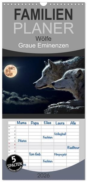 Produktbild: Familienplaner 2026 - W&ouml;lfe. Graue Eminenzen mit 5 Spalten (Wandkalender, 21 x 45 cm) CALVENDO