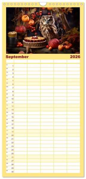 Produktbild: Familienplaner 2026 - Stillleben mit Eule mit 5 Spalten (Wandkalender, 21 x 45 cm) CALVENDO