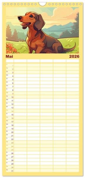 Produktbild: Familienplaner 2026 - Dackel mit 5 Spalten (Wandkalender, 21 x 45 cm) CALVENDO
