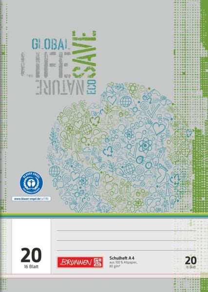 Produktbild: Brunnen Schulheft Recycling | A4, Lineatur 20, 16 Blatt, gr&uuml;n/grau