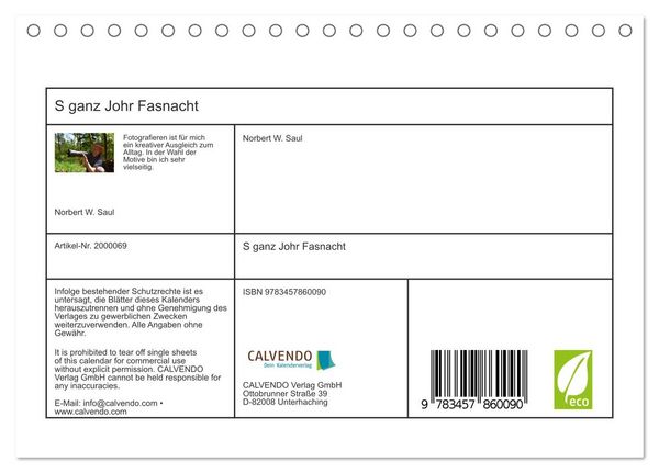 Produktbild: S ganz Johr Fasnacht (Tischkalender 2026 DIN A5 quer), CALVENDO Monatskalender
