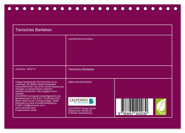 Produktbild: Tierisches Barleben (Tischkalender 2026 DIN A5 quer), CALVENDO Monatskalender
