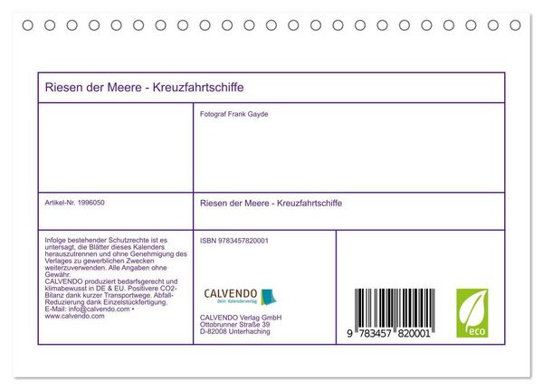 Produktbild: Riesen der Meere - Kreuzfahrtschiffe (Tischkalender 2026 DIN A5 quer), CALVENDO Monatskalender