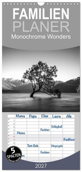 Produktbild: Familienplaner 2027 - Monochrome Wonders mit 5 Spalten (Wandkalender, 21 x 45 cm) CALVENDO
