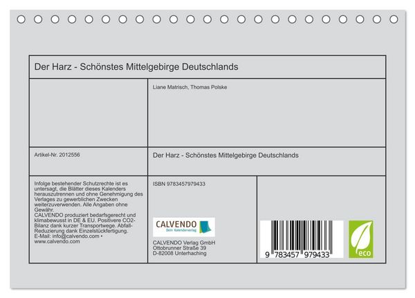 Produktbild: Der Harz - Sch&ouml;nstes Mittelgebirge Deutschlands (Tischkalender 2026 DIN A5 quer), CALVENDO Monatskalender
