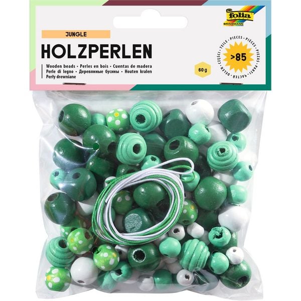 Produktbild: folia Holzperlen Jungle gr&uuml;n wei&szlig; 85 St&uuml;ck