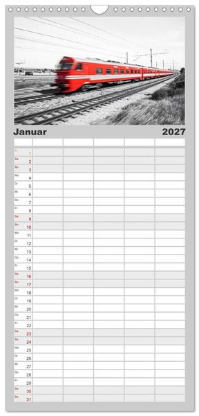 Produktbild: Familienplaner 2027 - BLITZschnell - Z&uuml;ge und Flugzeuge in Bewegung - Color-Key mit 5 Spalten (Wandkalender, 21 x 45 cm) CALVENDO