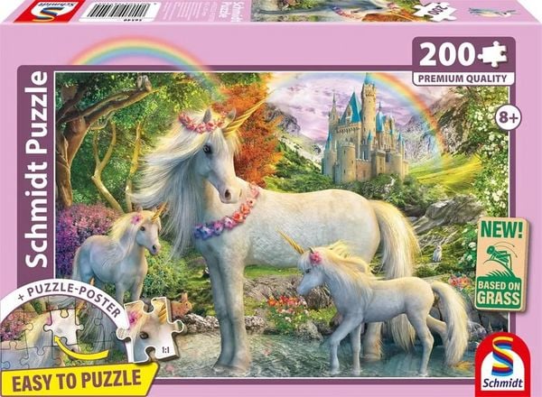 Schmidt 56540 - Einhornstute mit zwei Fohlen, Puzzle mit Poster, 200 Teile aus NATPAX® Graspappe