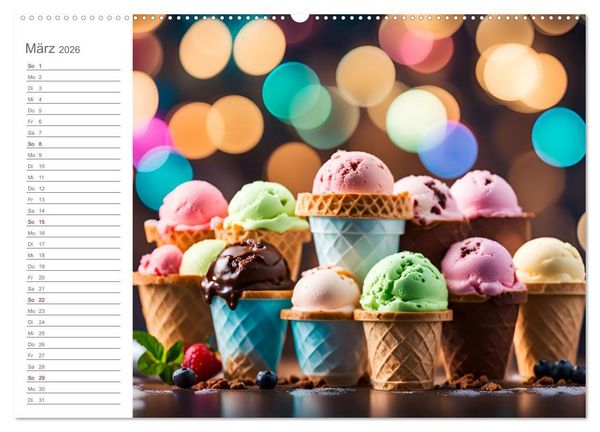 Produktbild: K&ouml;stliche Versuchung - Der zuckers&uuml;&szlig;e Eiscreme Geburtstagskalender mit erfrischenden KI Eisgen&uuml;ssen (Wandkalender 2026 DIN A2 quer), CALVENDO Monatskalender