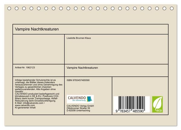 Produktbild: Vampire Nachtkreaturen (Tischkalender 2026 DIN A5 quer), CALVENDO Monatskalender