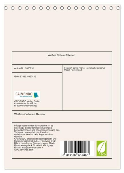 Produktbild: Wei&szlig;es Cello auf Reisen (Tischkalender 2026 DIN A5 hoch), CALVENDO Monatskalender