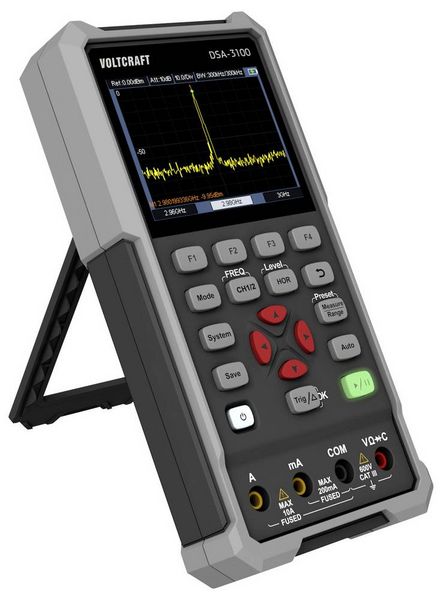 Produktbild: VOLTCRAFT DSA-3100 Hand-Oszilloskop 100 MHz 2-Kanal 500 MSa/s 8 kpts 8 Bit Handger&auml;t, Multimeter-Funktionen, Spectrum-Analyser 1 St.