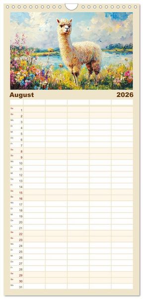 Produktbild: Familienplaner 2026 - Alpakas. Entz&uuml;ckende Paintings in duftigen Farben mit 5 Spalten (Wandkalender, 21 x 45 cm) CALVENDO