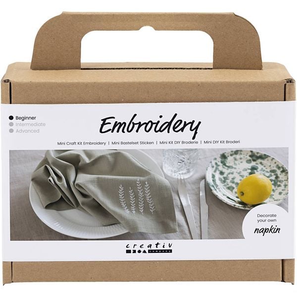 Produktbild: Creativ Company DIY Sets Sticken & Nadelstanzen Mini Kreativ Set Sticken, Staubgr&uuml;n, Serviette, Kreativ Box