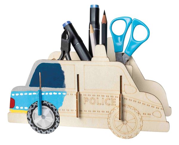 Produktbild: PEBARO 477/4 - Holzbausatz Stiftehalter Polizeiauto, Laser cut Bastelset