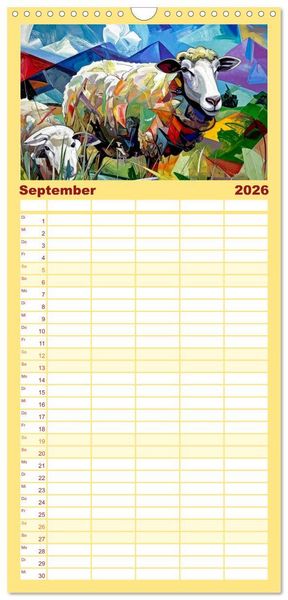 Produktbild: Familienplaner 2026 - Farbenfrohe Tierbilder mit 5 Spalten (Wandkalender, 21 x 45 cm) CALVENDO