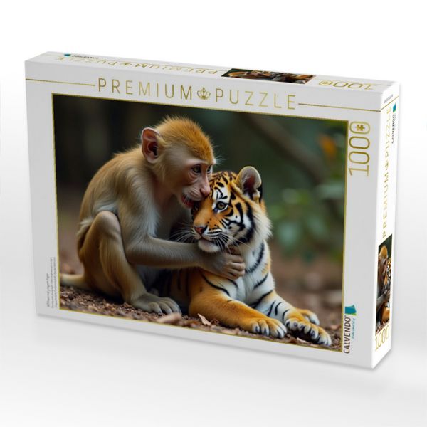 Produktbild: CALVENDO Puzzle &Auml;ffchen mit jungem Tiger | 1000 Teile Lege-Gr&ouml;&szlig;e 64x48cm Foto-Puzzle f&uuml;r gl&uuml;ckliche Stunden