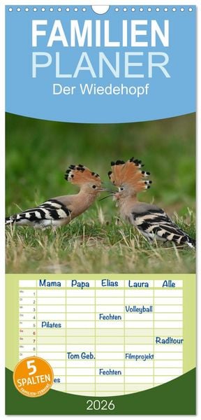 Produktbild: Familienplaner 2026 - Der Wiedehopf mit 5 Spalten (Wandkalender, 21 x 45 cm) CALVENDO