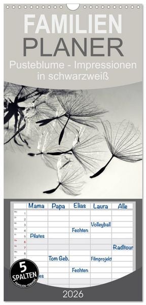 Produktbild: Familienplaner 2026 - Pusteblume - Impressionen in schwarzwei&szlig; mit 5 Spalten (Wandkalender, 21 x 45 cm) CALVENDO