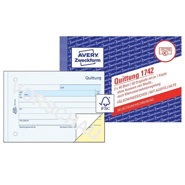 Produktbild: AVERY Zweckform Quittung Kleinunternehmer selbstdurchschreibend DIN A6 quer 2x40
