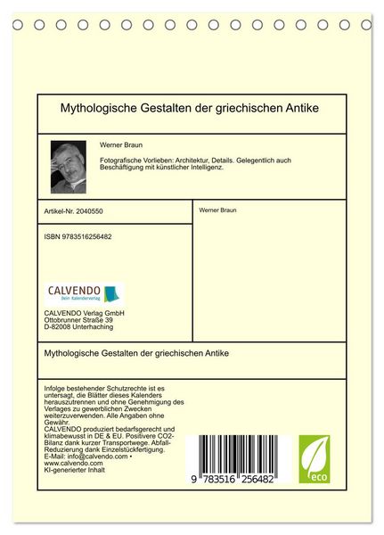 Produktbild: Mythologische Gestalten der griechischen Antike (Tischkalender 2026 DIN A5 hoch), CALVENDO Monatskalender