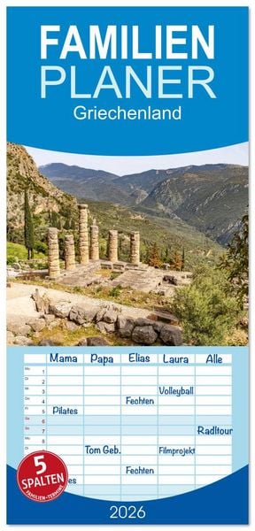 Produktbild: Familienplaner 2026 - Griechenland mit 5 Spalten (Wandkalender, 21 x 45 cm) CALVENDO