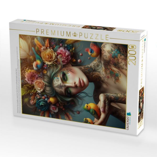 Produktbild: CALVENDO Puzzle Portrait einer Frau mit gelben organischen Haarschmuck und Paradiesv&ouml;geln auf der Hand | 2000 Teile Lege-Gr&ouml;&szlig;e 90x67cm Foto-Puzzle f&uuml;r