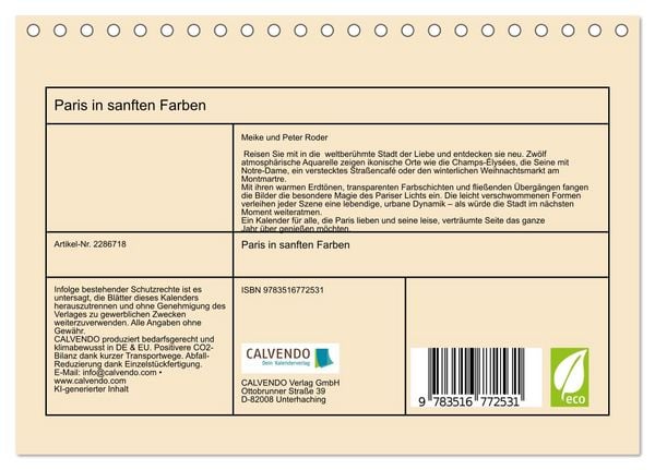 Produktbild: Paris in sanften Farben (Tischkalender 2027 DIN A5 quer), CALVENDO Monatskalender
